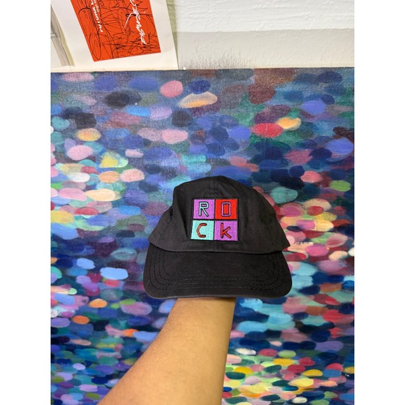 Other - Vintage Style ROCK Block Embroidery Black Strapback Hat Made in USA Mens Cap